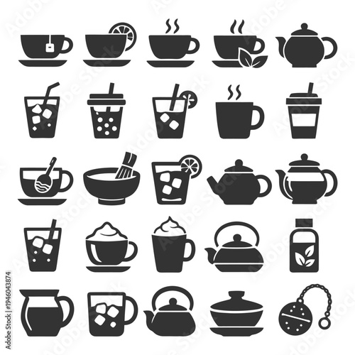 Variety of beverage icon set featuring tea coffee and cold drinks.