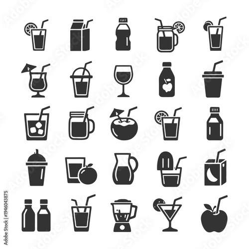 Variety of beverage icon set featuring glasses, bottles, and fruits.