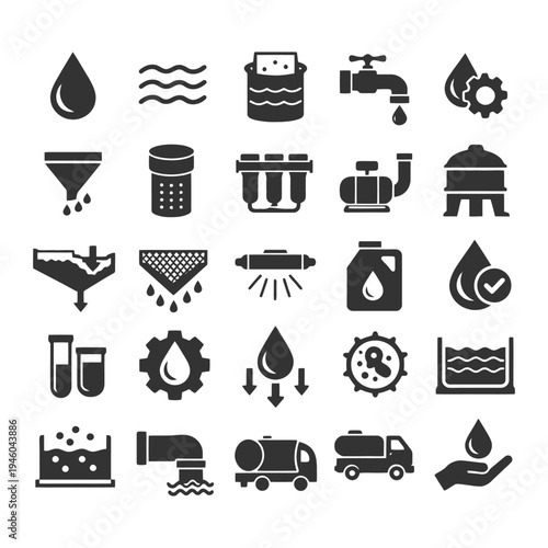 Water filtration process icons: comprehensive set of system components and tools.