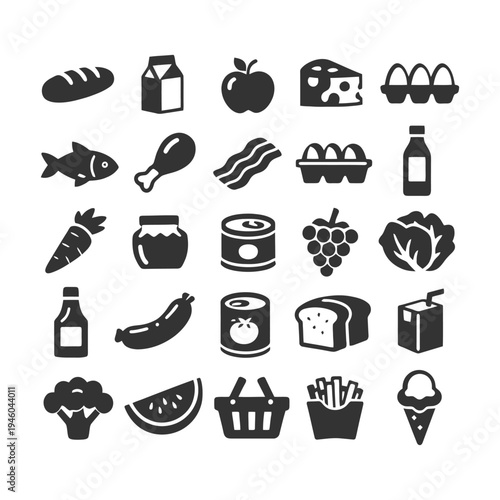 Icon set of various food items and ingredients including bread, cheese, milk, and vegetables.