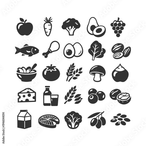 Healthy food icons: fruits, vegetables, dairy, grains, proteins, nuts.