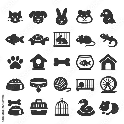 Pet icons set: cats, dogs, birds, reptiles, and rodents in silhouette.