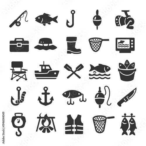 Fishing equipment icons: rods, hooks, boats, fish for angling enthusiasts.