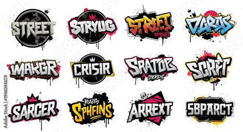 Collection of Graffiti Style Word Designs with Splatter Effects and Bold Typography.