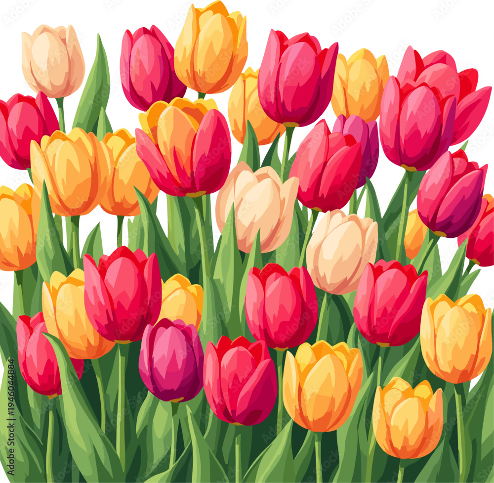 Fototapeta premium Colorful tulip flower field bouquet with red yellow and orange spring blossoms isolated on white background vibrant floral illustration for seasonal decoration and design 