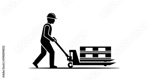 Man pushing pallet truck with load.