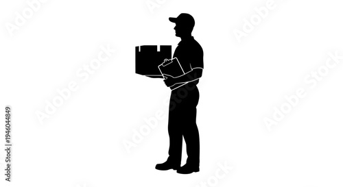 Man carrying boxes in silhouette form.