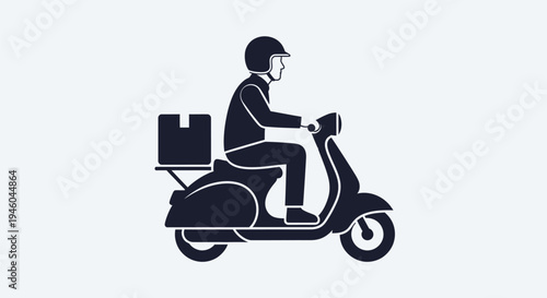 Man riding scooter with delivery box.
