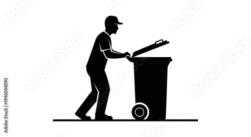 Man pushing a garbage trash can.