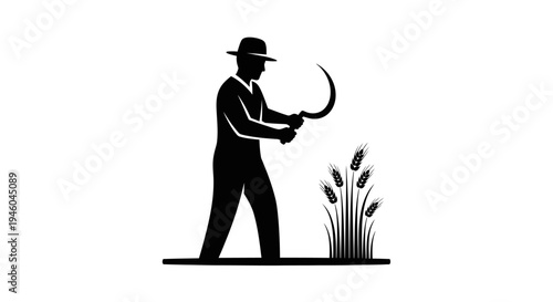 Man in hat holding sickle tool.