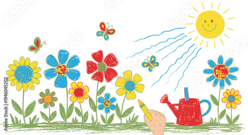 Vector illustration of colorful flowers, sun, butterfly, and watering can