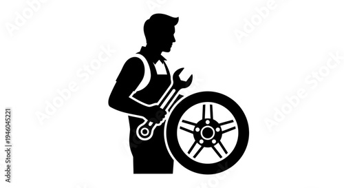 Mechanic Holding Tire And Wrench Silhouette.
