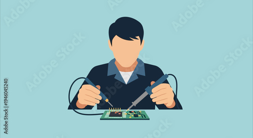 Man working on circuit board electronics.