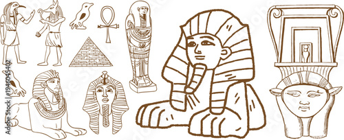 Hand Drawn Ancient Egyptian Symbols Set – Egypt Gods, Religion Icons and Tribal Ethnic Doodle Elements Collection Isolated on White