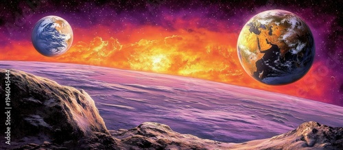 Alien planet sunrise, twin Earth-like planets, fiery sky, rocky landscape