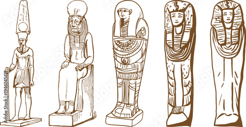 Ancient Egyptian Symbols and Gods Set – Hand Drawn Collection of Egypt Religion Icons, Deities and Mythology Elements Vector Illustration