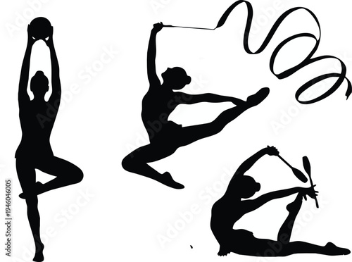 Silhouettes of rhythmic gymnasts performing with ribbons and hoops showcasing flexibility and dynamic movement high quality professional detailed modern