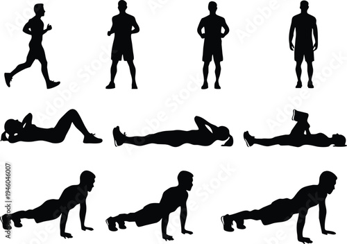 A collection of silhouetted figures demonstrating various fitness exercises including running push ups and stretching high quality professional detailed