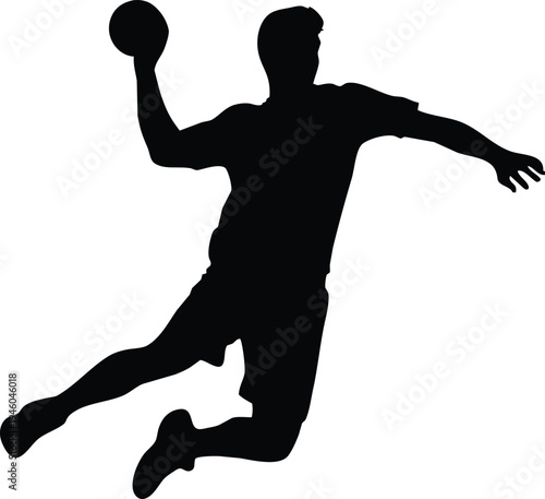 A silhouetted image depicts a handball player in mid air preparing to throw the ball with dynamic energy