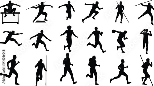 A collection of black silhouette figures depicting various athletic poses and track and field events high quality professional detailed
