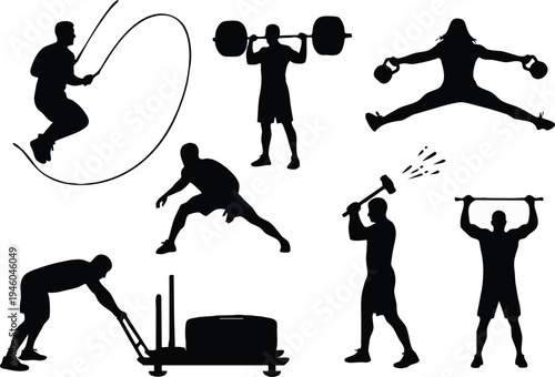 A silhouette collection showcases diverse athletic activities including weightlifting jump rope sprinting and hammer throws high quality professional detailed
