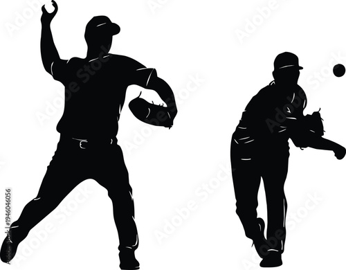 A dynamic silhouette depicts a baseball pitcher releasing the ball and a catcher preparing to receive it high quality