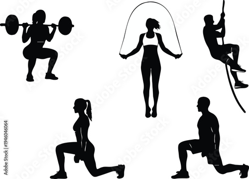 Silhouettes of individuals engaged in various fitness activities including weightlifting jump roping and stretching high quality professional detailed modern