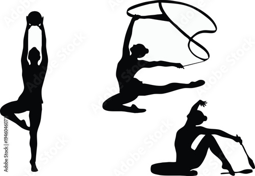 Silhouettes of rhythmic gymnasts performing with hoops and ribbons demonstrating flexibility and dynamic movement high quality professional detailed modern