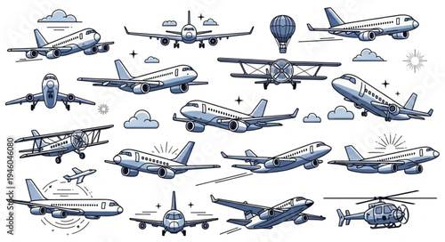 Collection of Various Airplane and Helicopter Illustrations on White Background.