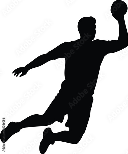 A dynamic silhouette of a handball player in mid air preparing to throw the ball with force and precision