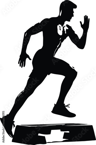 A dynamic silhouette of an athlete mid stride jumping from a plyometric box during intense fitness training high quality