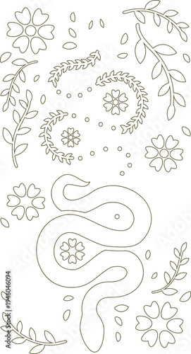 Snake entwined with floral patterns and leaves on white