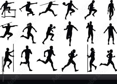 A collection of diverse silhouettes depicts people actively engaged in various athletic movements and sporting activities high quality professional