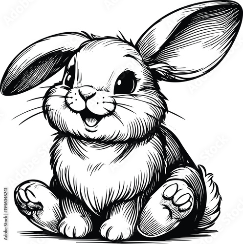 Adorable fluffy bunny rabbit sitting happily with big ears hand drawn sketch style