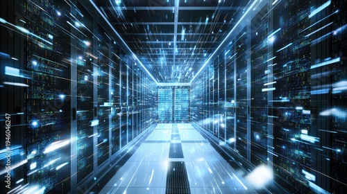 Data center server room, fast data transfer, digital technology, glowing corridor, network infrastructure, for tech websites