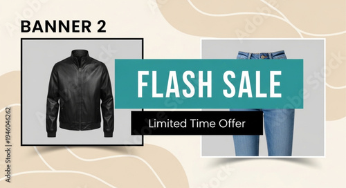 Flash Sale Banner Featuring Leather Jacket and Jeans for Limited Time Offer.
