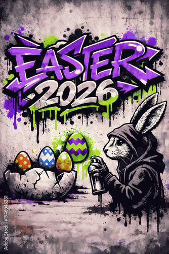 graffiti easter bunny, colorful eggs on gray background with street art style and purple green accents for spring holiday designs
