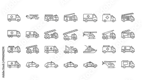 30 Emergency Transport Vector Icons, Ambulance Fire Truck Rescue Vehicles, Minimal Outline Icon Sheet, Clean Grid Layout for Safety and Rescue