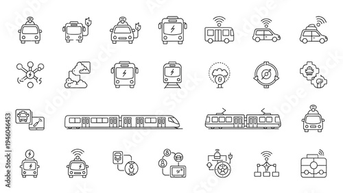 Smart City Transport Vector Icon Set, Autonomous Vehicles Electric Bus Metro Tram Urban Mobility Network Minimal Outline Symbols