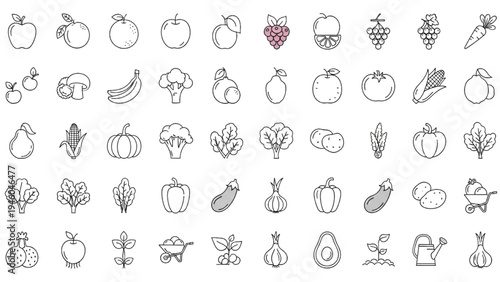 Organic Farm Produce 30 Outline Icons, Fresh Fruits and Vegetables Harvest Vector Set, Eco Agriculture Food Symbols Collection