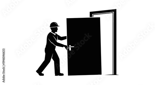 Man in hard hat opening door.