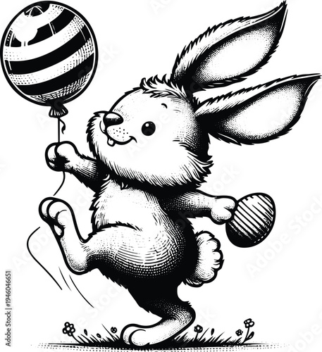 Playful easter bunny holding striped balloon and maraca