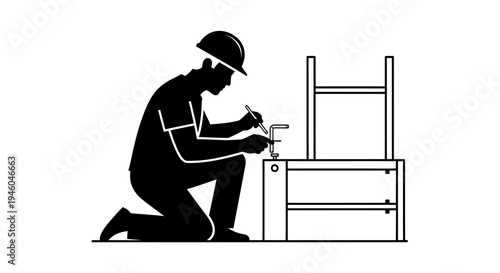Man wearing hard hat working kneeling.
