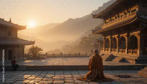 Monk in traditional robes praying at sunrise in high mountain temple courtyard