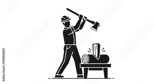 Man swinging axe at log piece.