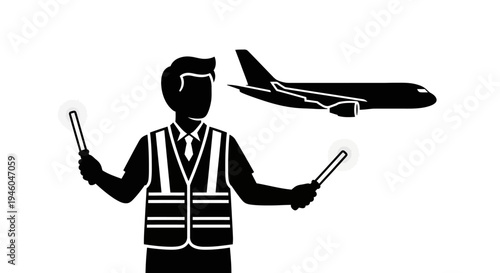 Air traffic controller guiding plane landing.