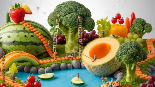 A vibrant and whimsical still life of a miniature scene featuring a variety of colorful fruits and vegetables arranged to resemble a fantastical landscape