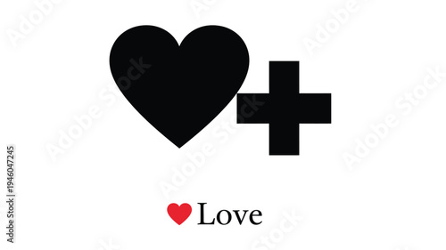 A black heart and plus sign graphic representing love silhouette