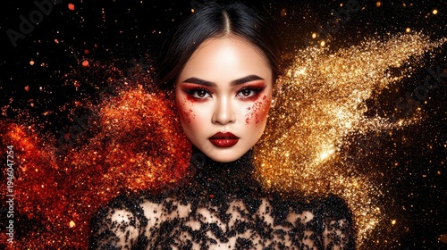 Elegant woman, red gold glitter, dark background, makeup ad