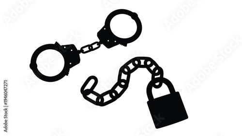 Handcuffs lock and chain depicted as a stark black silhouette